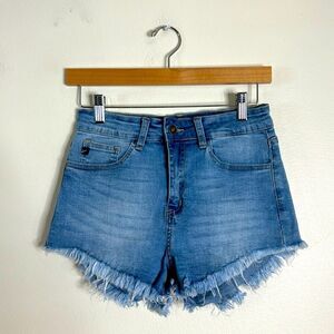 KanCan Shorts Women's Cut Off Stretch Midi Raw Hem Distressed Denim size 27